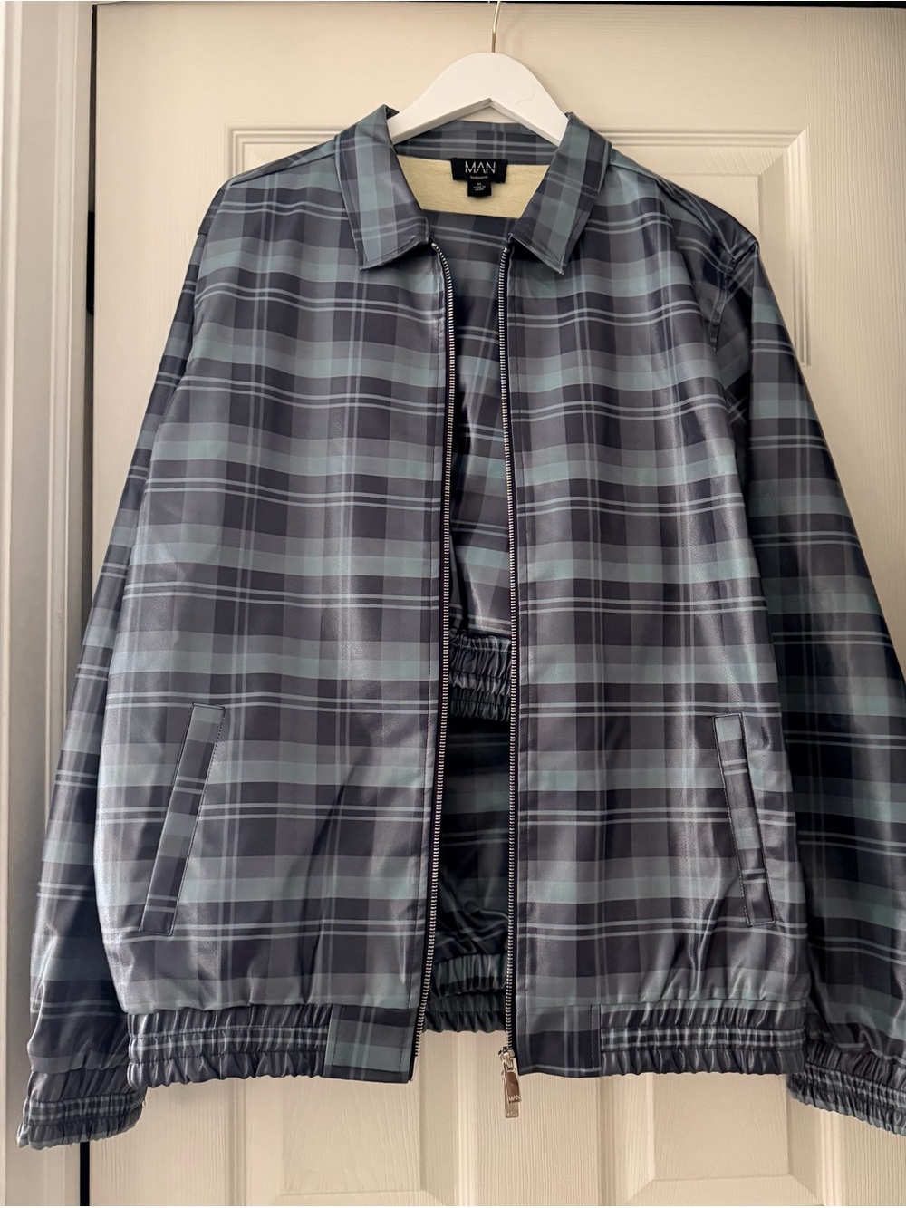 Blue Plaid Vegan Leather Zip-Front Jogging Suit